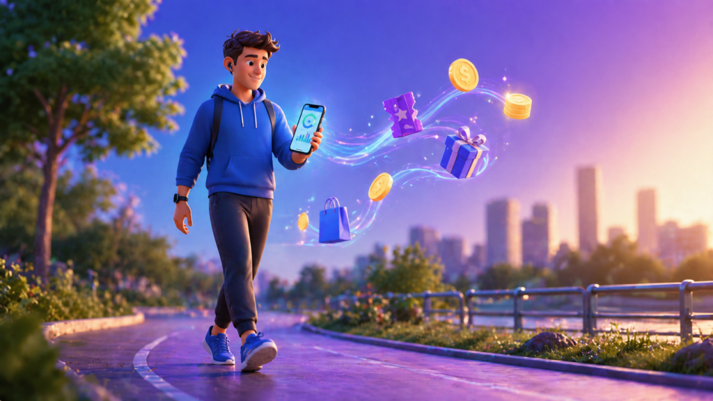 Pessoa caminhando com celular e ganhando recompensas por passos
