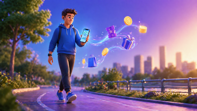 Pessoa caminhando com celular e ganhando recompensas por passos