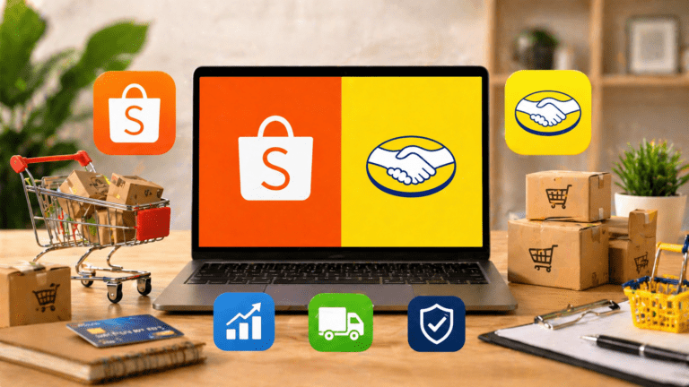 Notebook com ícones de vendas online e marketplaces representando Shopee e Mercado Livre