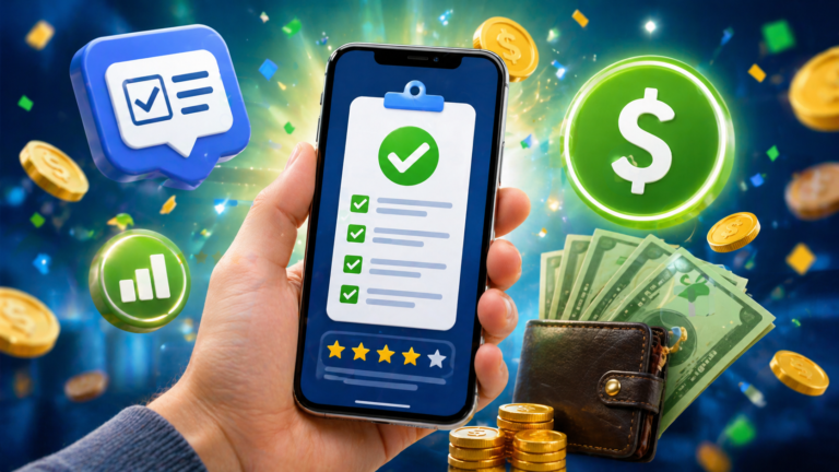 Aplicativo de pesquisas no celular com check e ícones de dinheiro representando ganhos online