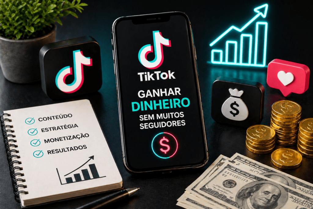 Celular com ícones do TikTok e dinheiro representando ganhos online sem muitos seguidores