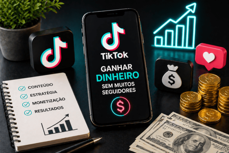 Celular com ícones do TikTok e dinheiro representando ganhos online sem muitos seguidores