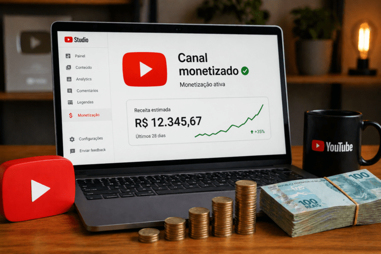 setup simples para ganhar dinheiro no youtube do zero com laptop e crescimento financeiro