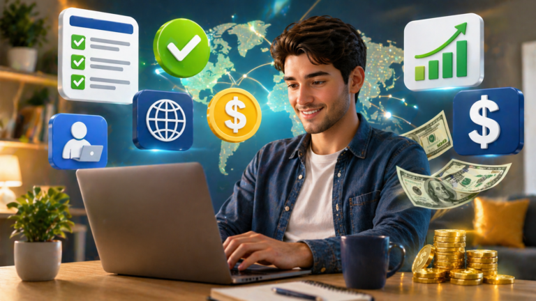 Pessoa trabalhando no notebook em casa com ícones de dólar e renda internacional