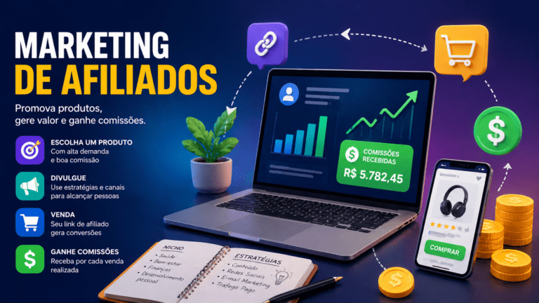 Ilustração moderna representando marketing de afiliados com gráficos e ganhos online