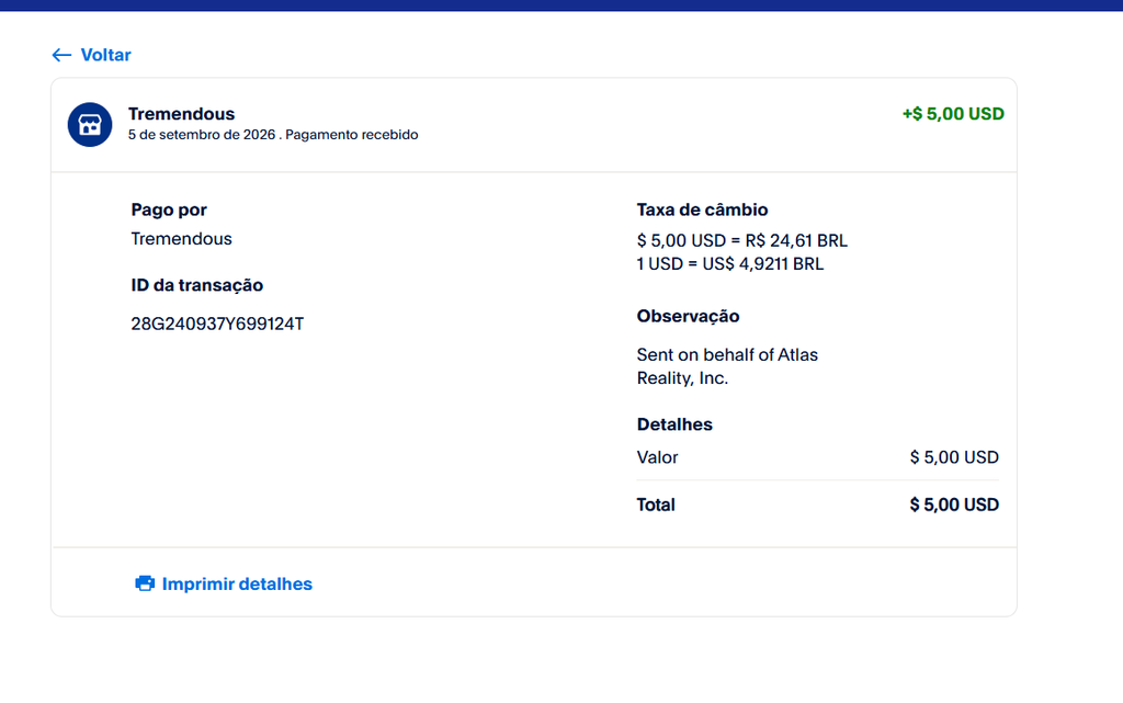 Comprovante de pagamento do Atlas Earth recebido no PayPal