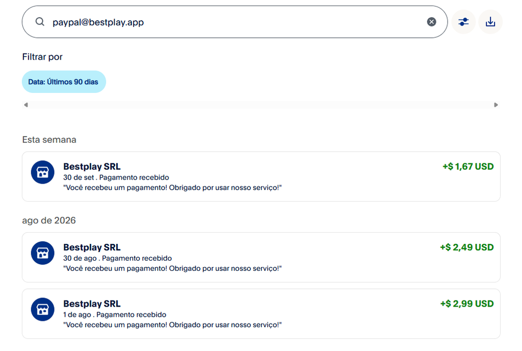 Print dos pagamentos do BestPlay recebidos no PayPal