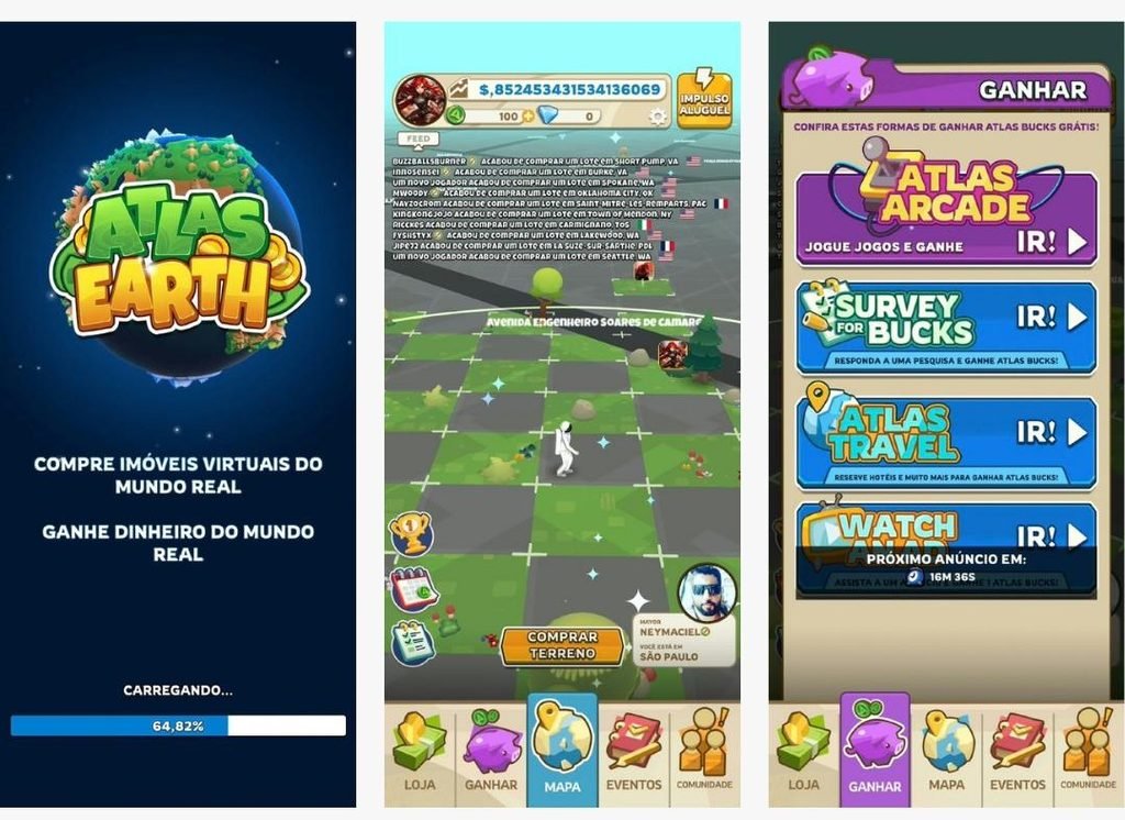 Telas do Atlas Earth: abertura do app, mapa com terrenos virtuais e menu Ganhar com formas de obter Atlas Bucks